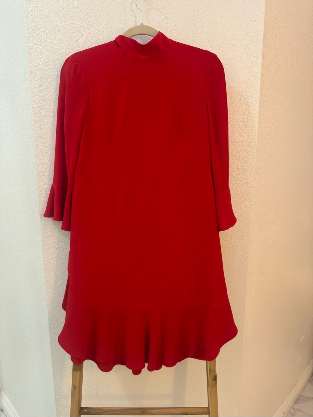 Karen Millen Red Mini Dress with Flounce Hem High Neck with Tie Sz 6
